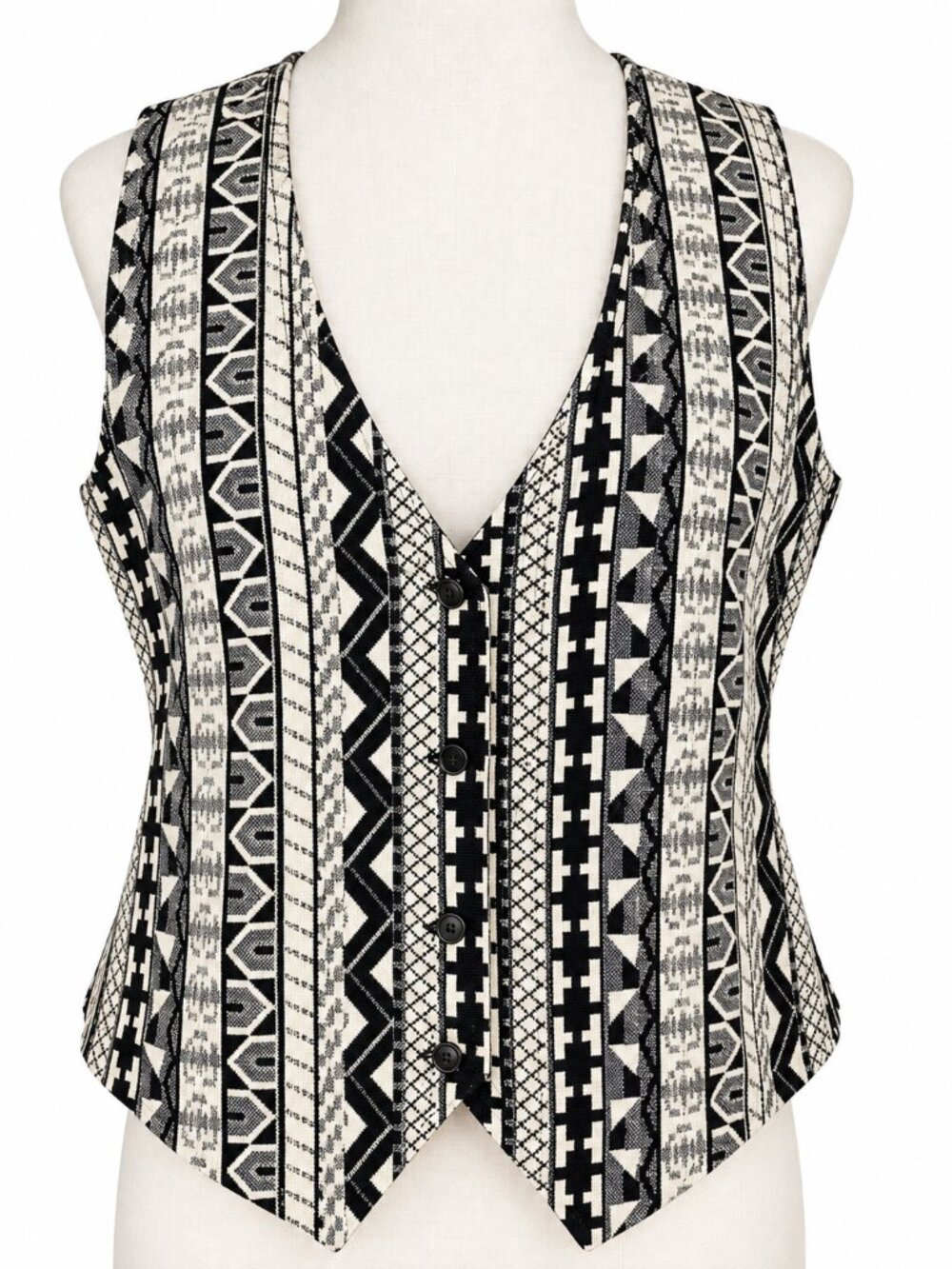 Vintage 1990s KZK Southwestern Boho Vest Black White Geometric Aztec Mens Small
